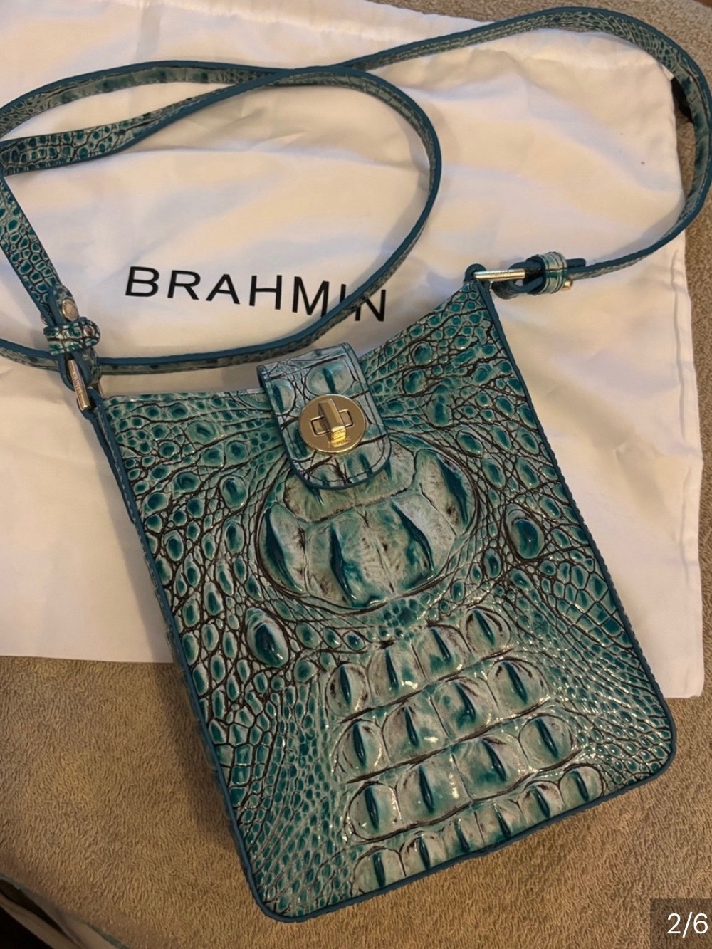 Brahmin Teal Embossed Croc Mini Crossbody